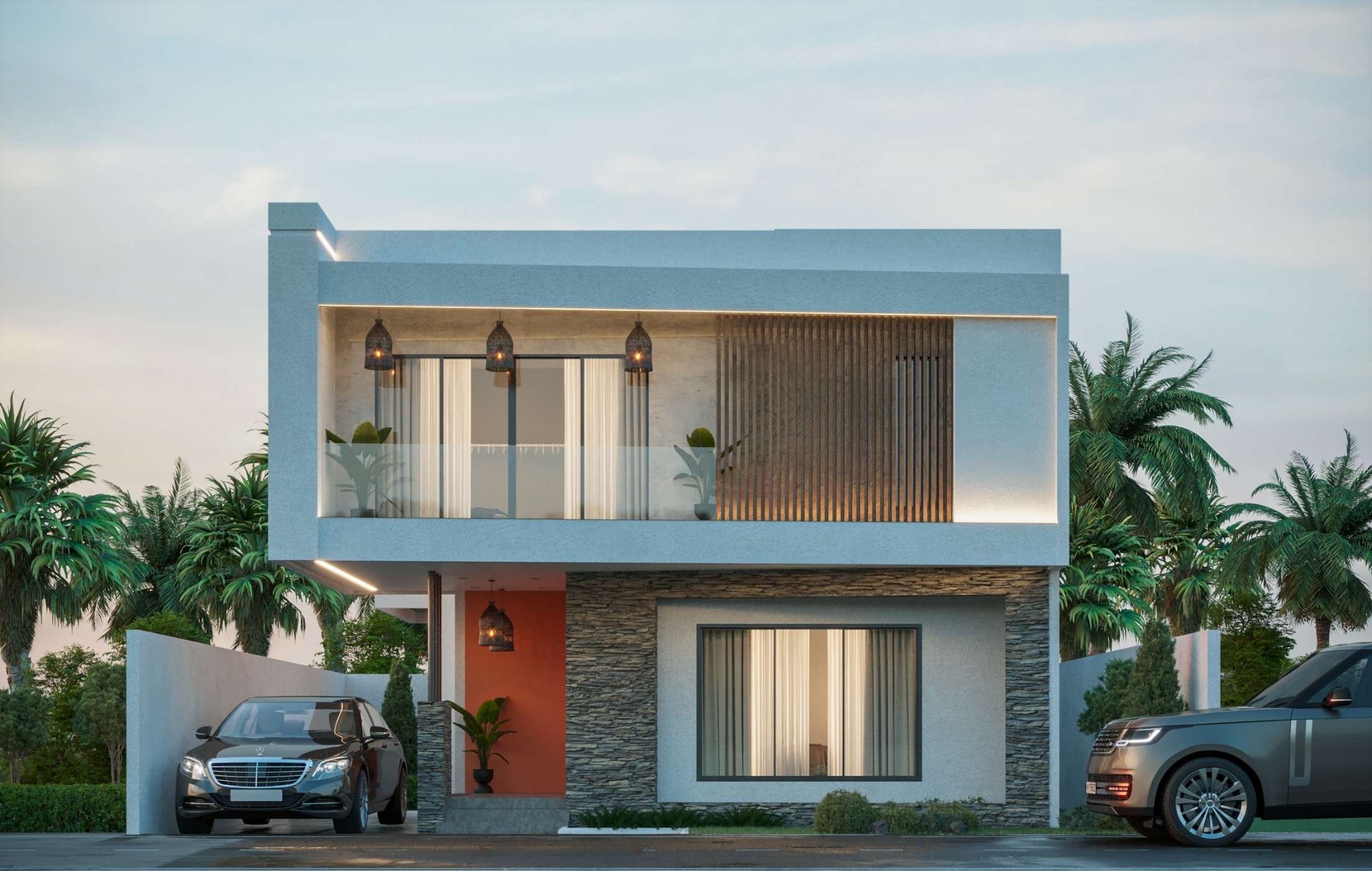 Modernist concrete building at dusk